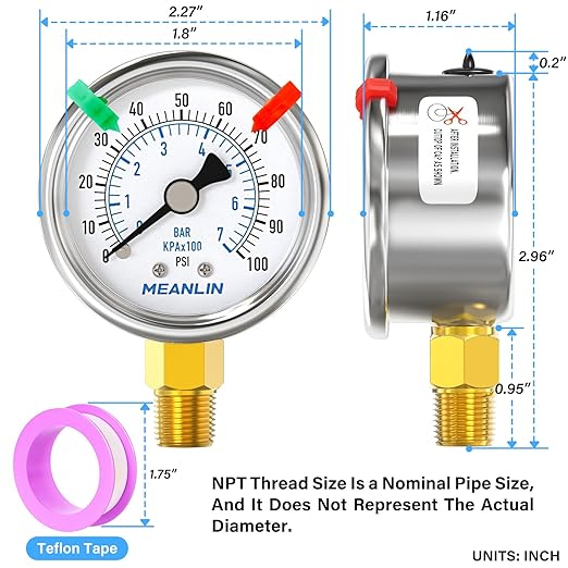 MEANLIN MEASURE 0~100Psi Dry Pressure Gauge Stainless Steel 1/4" NPT 2" FACE DIAL Waterproof for Well Pump Water Tire Water Pressure Tester Lower Mount (with 2PCS Snaps)