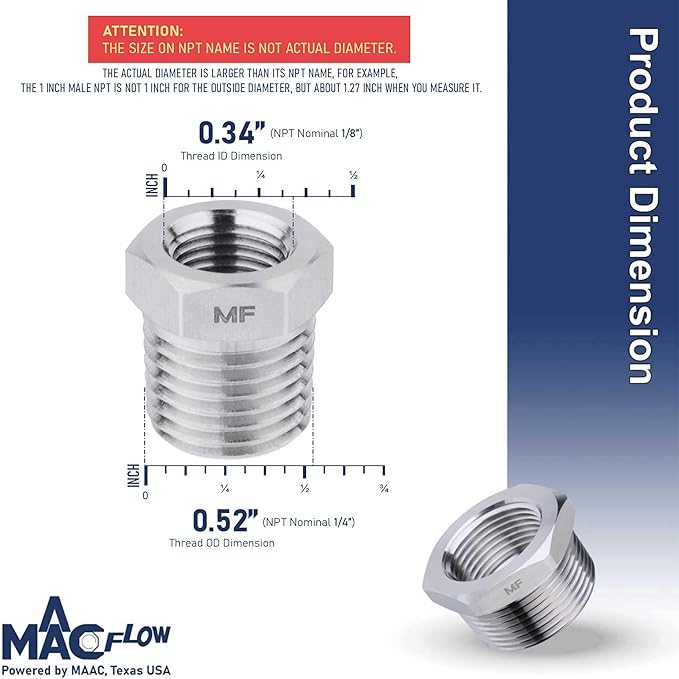 MAACFLOW Stainless Steel 1/4" Male NPT to 1/8" Female NPT Adapter Reducer Hex Bushing (Thread OD 0.52" - ID 0.34") (pack of 4)