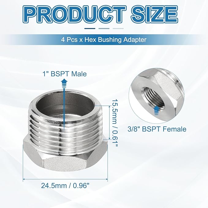 PATIKIL 304 Stainless Steel Reducer Hex Bushing 4 Pcs, 1" BSPT Male to 3/8" BSPT Female Pipe Reducing Adapter Fitting Connector for Water Gas Hydraulic Pipes Shower Hose, Silver
