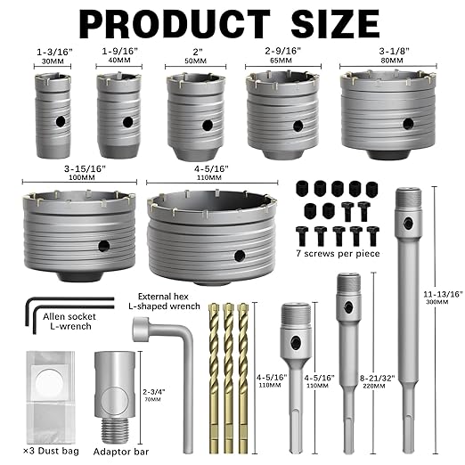 34PCS Concrete Hole Saw Kit,30/40/50/65/80/100/110mm Masonry Hole Saw, with SDS Plus Shank Drill Bit Sets, Masonry Hole Saw Tool Set for Concrete,Brick,Cement,Stone,Wall Drilling.