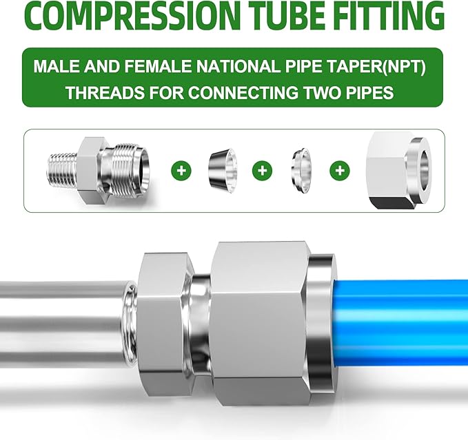 TAISHER 2PCS 304 Stainless Steel Compression Tube Pipe Fitting Connector, 3/8" Tube OD x 1/4" NPT Male Straight Adapter