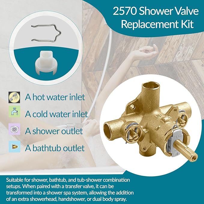2570 Shower Valve, Pressure Balancing Cycling 4 Port Tub and Brass Shower Valves with Stops Replacement for Moen 2570-1/2 Inch CC Connections, For moen Trim Kit, Includes 1222 cartridge