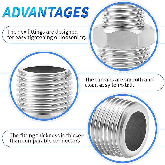 ChillWaves 304 Stainless Steel Pipe Fitting, Reducer Hex Nipple 3/8" NPT Male x 1/4" NPT Male Thread Adapter(6-PACK)
