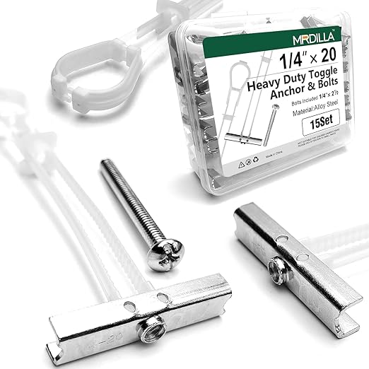 15 Pcs 1/4"-20 Toggle Bolts for Drywall, Heavy Duty Metal Strap Anchors Hold Up to 260 lbs, Wall Mounting Kit for TV, Cabinets & Shelves