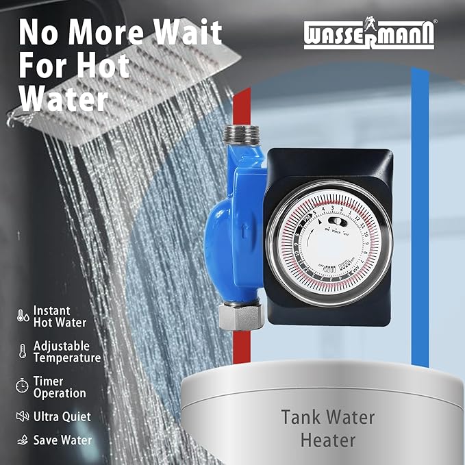Wassermann Instant Hot Water Recirculating Pump Kit for Tank Water Heater, Instant Hot Water Recirculation Pump System with 304 Stainless Steel Adjustable Bypass Valve