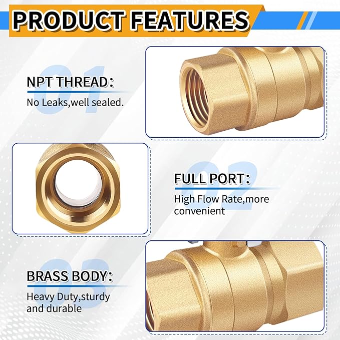 Boltigen 1 inch Forged Brass Ball Valve, 2Pack NPT Female to NPT Female Thread Heavy Duty Full Port Shut Off Valves, 600 WOG Long Handle Metal Plumbing Full Bore Control Valve Pipe Connector Fitting