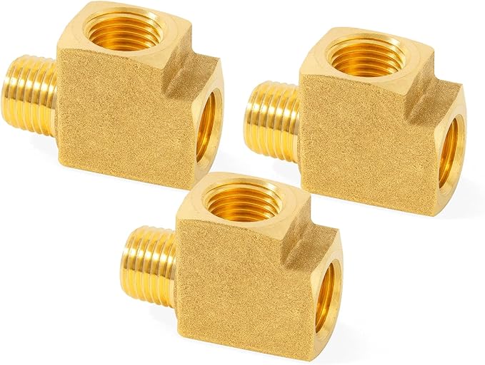ChillWaves Brass Pipe Fitting, Barstock Male Run Tee 3/8" NPT Female x 3/8" NPT Female x 3/8" NPT Male Thread Adapter(3-PACK)