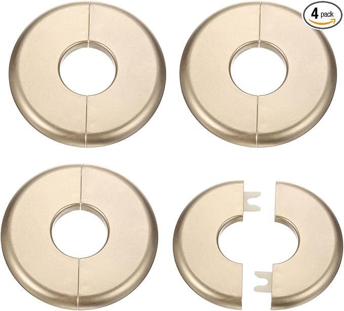 HARFINGTON 4pcs Wall Split Flange 26.5mm/1" Self-Adhesive Plumbing Cover Plates ABS Plastic Round Escutcheon Plate Buckle Design for Water Pipe Bathroom Kitchen Decoration, Gold Tone