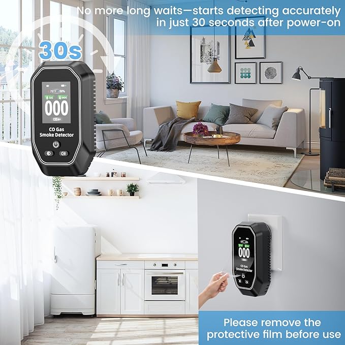 6-in-1 Portable Carbon Monoxide Detectors Plug in, MODOFO TOOL Smoke and Carbon Monoxide Detector with Built-in Battery, Natural Gas Leak Detector, HD Display for CO, Gas, Smoke, Temp, Humidity Black