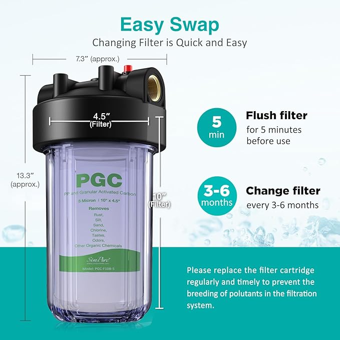 SimPure 5 Micron 10" x 4.5" Sediment and Carbon Whole House Water Filters, PGC Replacement Cartridge for GE FXHTC, GXWH40L, RFC-BB / 155141-43, WRC25HD, WDGD-5005, W10-PR, W15-PR, 4 Pack