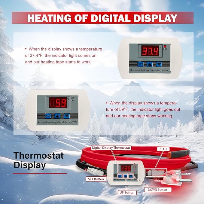 OEBLD Heat Tape for Water Pipes 6FT, Replaceable Smart Thermostat for Pipe Freeze Protection, Self-Regulating Roof Deicing Cable for Metal and Plastic Home Pipes, 110-120V