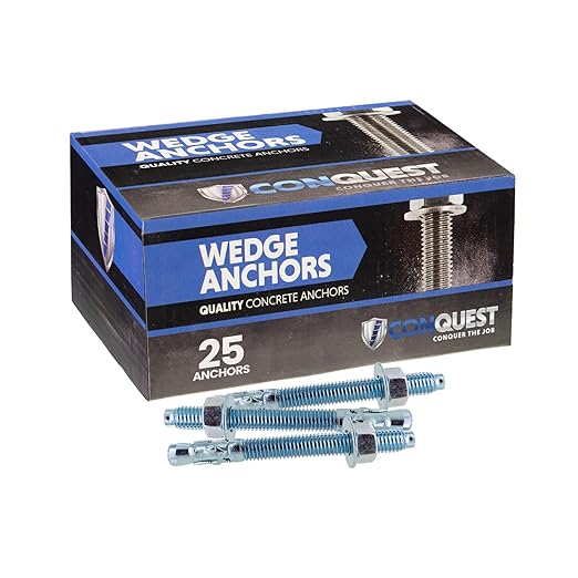 Conquest 1/2" x 4-1/2" Zinc Plated Wedge Anchors (Box of 25) – High Performance Concrete Anchors – Rust Resistant Zinc Plating for Dry Interior Environments – Heavy Duty Fastener for Concrete