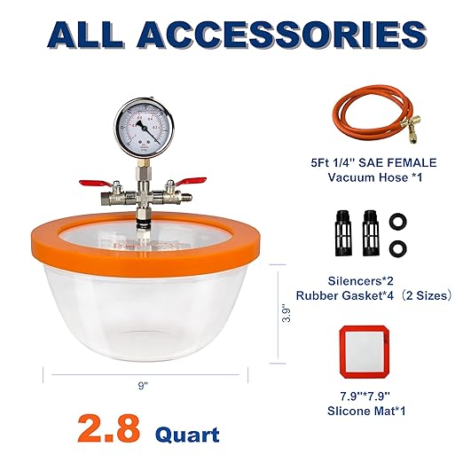 BACOENG 2.8 Quart Vacuum Chamber, Pyrex Glass Degassing Chamber Kit for Resin, Silicone and Epoxies