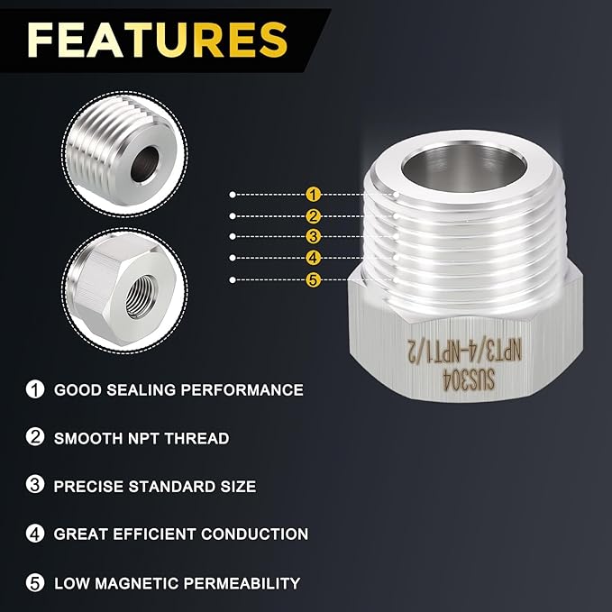 METALLIXITY 5PCS 3/4" Male NPT x 1/2" FeMale NPT Thread 304 Stainless Steel Hex Bushing Extension Tube Adapters Convert for Water Tub Spout/Shower