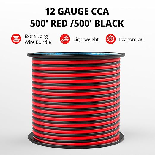 NAOEVO 12 Gauge Wire 500FT, 2 Conductors Electrical Wire Red Black Cable, Flexible/Low Voltage/PVC 12 AWG Copper Clad Aluminum Extension Cord for Speaker, LED Strips, Automotive 12V/24V DC