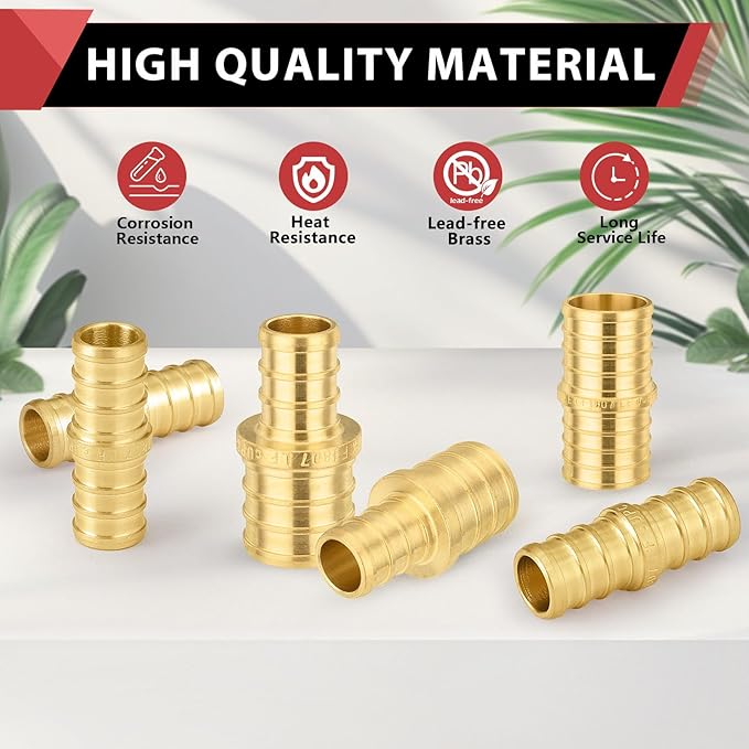 (Pack of 5) EFIELD Pex-B 3/8" Pex X 3/8" Straight Coupling Brass Crimp Fittings,(PEX1807520-5PCS)