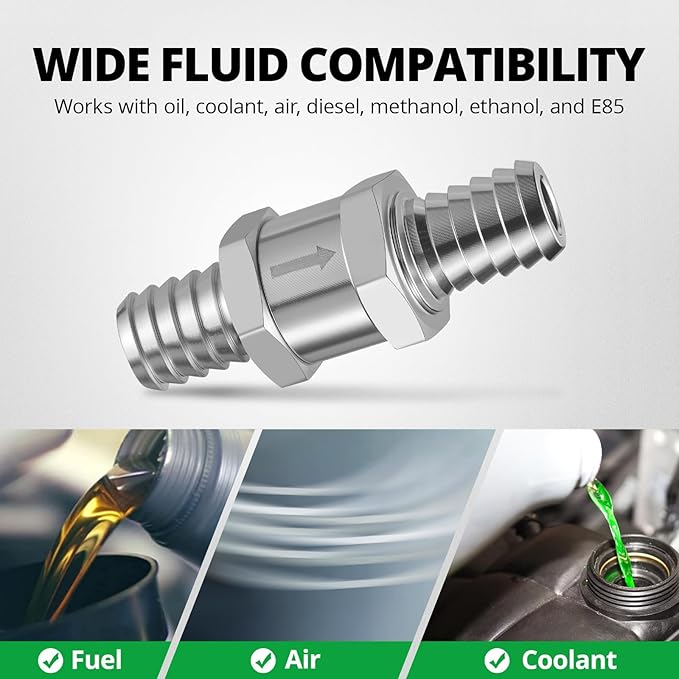 EVIL ENERGY 1/2" (12mm) Check Valve, 2 Pcs Aluminum One Way Fuel Check Valve for Gasoline, Diesel & Coolant with Universal Hose Clamps, Silver