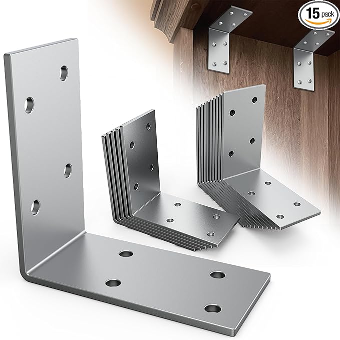 15 Pcs L Brackets Heavy Duty 12-ga Angle Fastener 3"x3" Angle Iron Galvanized L Shape Corner Brace Large Corner Bracket for Wood 90 Degree Corner Screw Bracket for Furniture,Bed,Timber,Shelf Brackets
