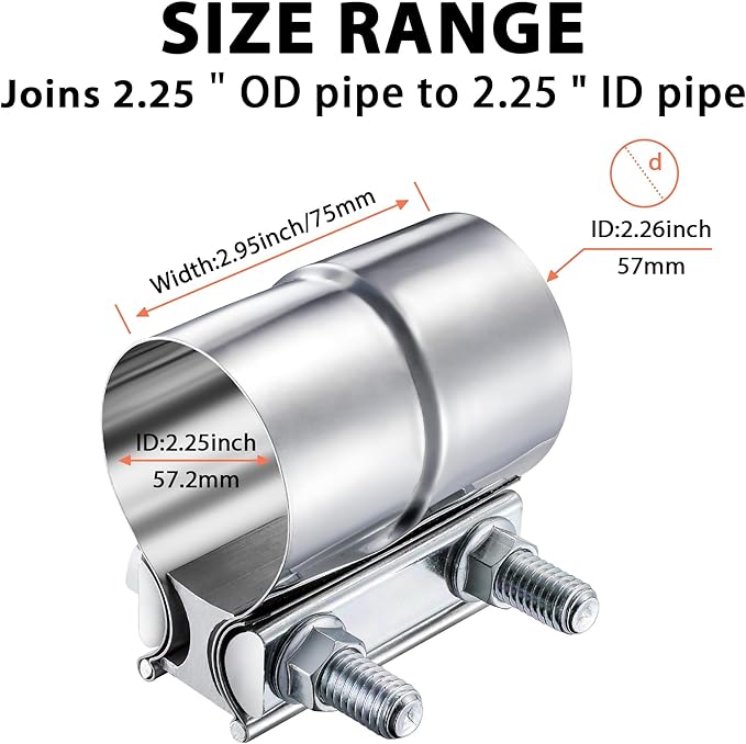 2.25 Inch Lap Joint Exhaust Clamp, 2 1/4 Inch 304 Stainless Steel Muffler Clamp, Pipe Clamps Sleeve Coupler for Pipes, Mufflers and Catalytic Converters