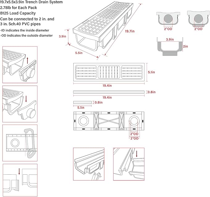 B Class Driveway Channel Drain with HDPE Grate-19.7Lx5.5Wx3.9H in. Shallow Profile Trench Drain System,12 Pack Total Length 236.22in,Heavy Duty Trench Drain for Garage,Parking Lot,Concrete