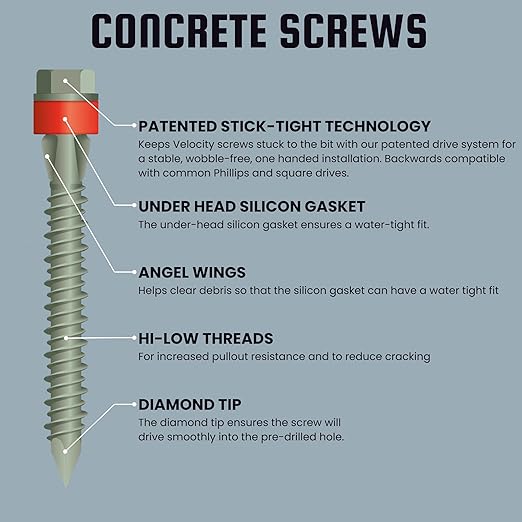 Velocity 2 1/4 Concrete Screws Set with RedSeal Moisture Barrier (Hex Head, 1/4”) – 12 Pcs High-Performance Masonry Screws, Stick Tight Technology, 1 PSD ACR Drive Bit and 1 Carbide Concrete Drill Bit
