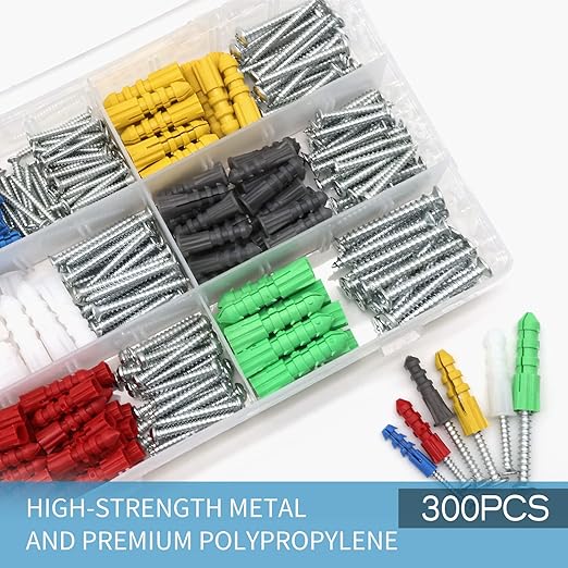 Drywall Anchors and Screws Kit 300Pcs, 150 Wall Anchors, 150 Drywall Screws, Including 6 Different Sizes