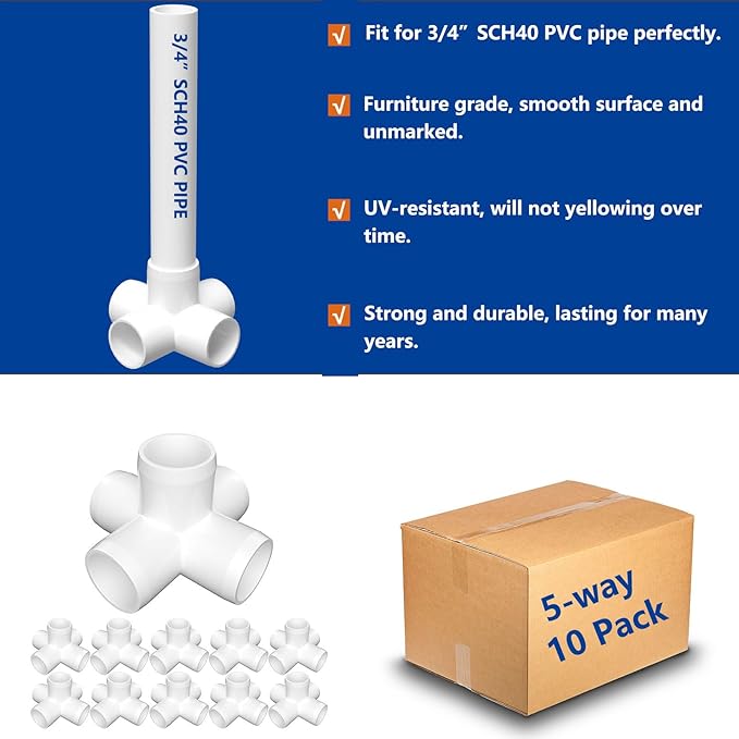 ‌letsFix 5 Way PVC Fittings 3/4 Inch (10-Pack), Furniture-Grade, Heavy-Duty Pipe Connectors for Plumbing, DIY Projects, and Home Furniture Assembly, Compatible with 3/4" Schedule 40 PVC Pipes‌
