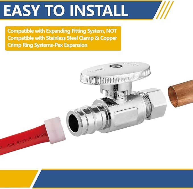 Straight Stop Valve,1/2 Inch Pex Expansion X 3/8 Inch OD Compression Straight Shut-off Valve with 1/4 Turn on/off (Pack of 20,ASTM F1960)(VALVE098-20Pack)