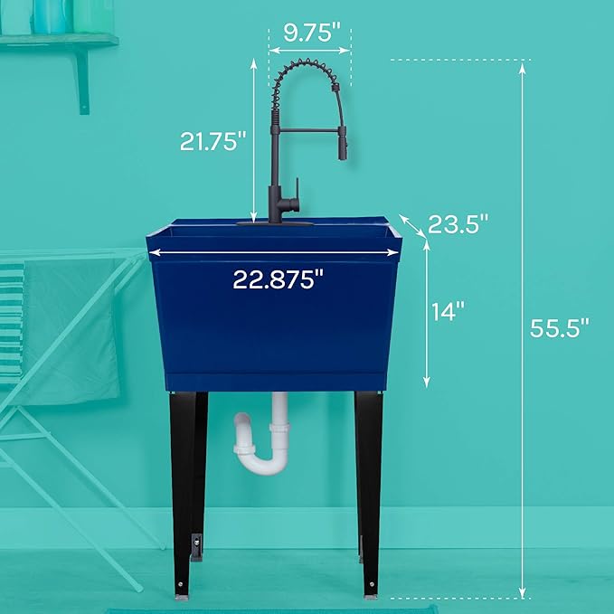 Utility Sink Extra-Deep Laundry Tub in Blue with High-Arc Black Coil Pull-Down Sprayer Faucet, Integrated Supply Lines, P-Trap Kit, Heavy Duty Floor Mounted Freestanding Wash Station
