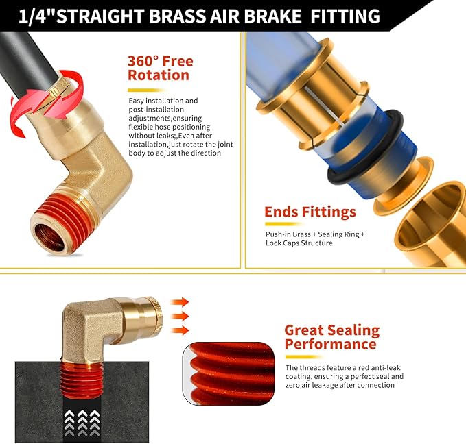 1/4 Brass Push to Connect Fittings 3/8" OD x 1/4" NPT Thread Male Elbow DOT Approved Air Brake Quick Connect Fittings Air Line Suspension Kit for Truck Trailers and Air System 2Pcs