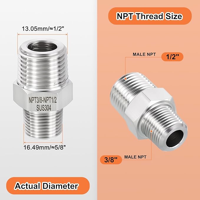 3 Pack 304 Stainless Steel Male to Male Adapter, 1/2" Male NPT x 3/8" Male NPT Hex Nipple Pipe Extension Fitting for Industrial, Automotive, Fluid Transfer, Home Gardening, Water