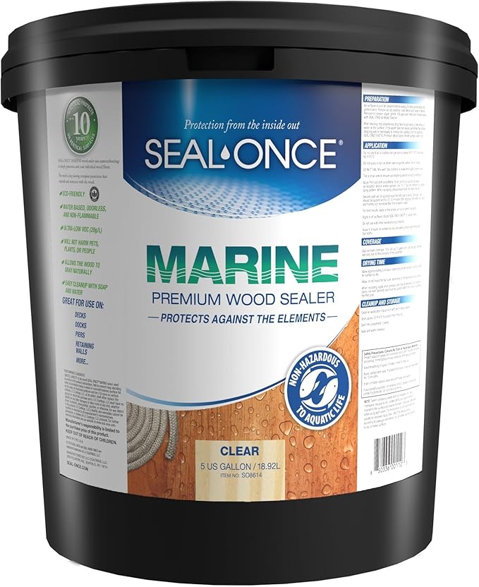 Seal-Once Marine Premium Wood Sealer - Waterproof Sealant - Wood Stain and Sealer in One - 5 Gallon & Clear