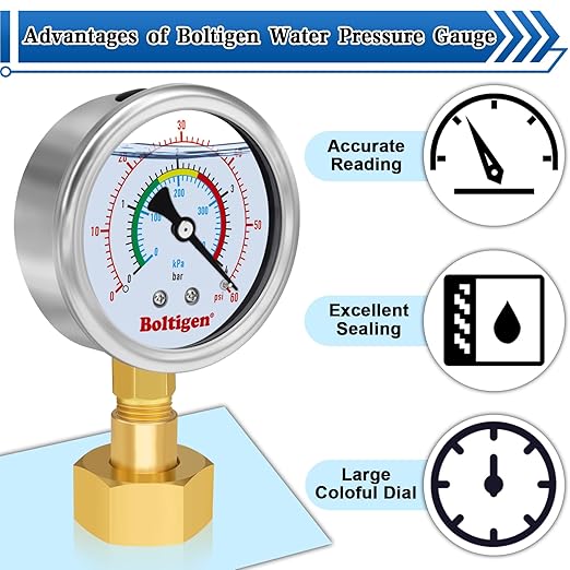 Boltigen 0-60 Psi Water Pressure Gauge, 3/4" GHT Female Thread, Oil Filled, Home, Industrial, Garden Use