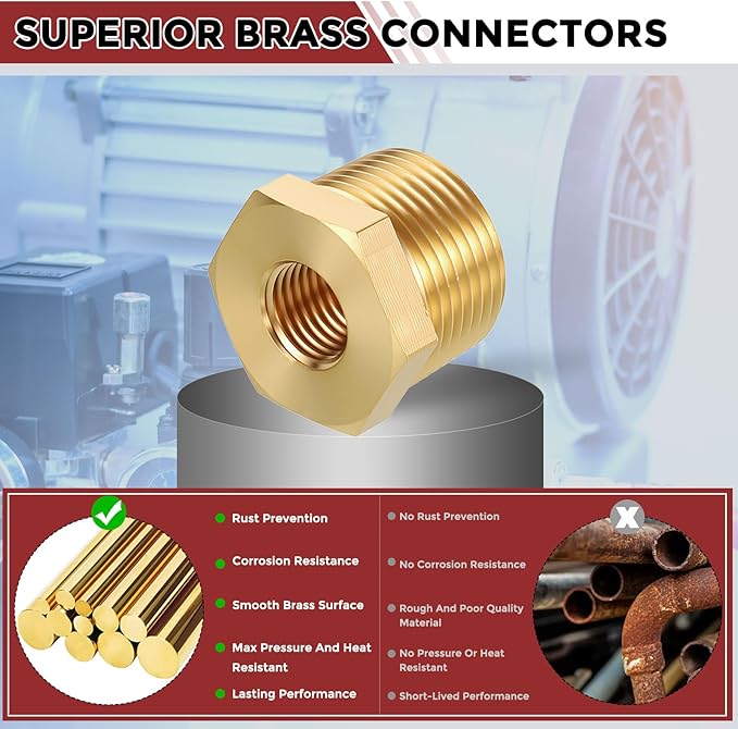 Pack of 6, 3/4" Male NPT to 1/4" FeMale NPT Solid Brass Hex Bushing, Hose Fittings Adapter Threaded Reducer Heavy Duty for Pipe Leak Repair, Bathroom Remodel, Compression
