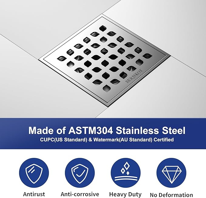 Square Shower Drain, 4" Brushed 304 Stainless Steel Drain Grate Removable Drain Key with PVC Bonding Flange Base for Low Profile Shower Floor Tiles, CUPC Certified