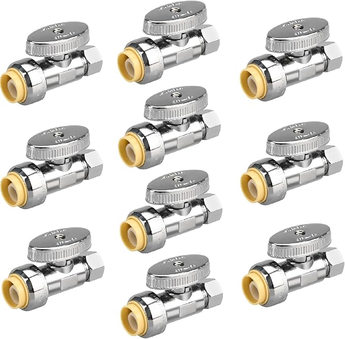 10pcs Stop Valves, 1/2" × 3/8" Straight Stop Valve, 1/2" PTC Input, 3/8" OD Compression Output, Push to Connect, 1/4 Turn, Chrome Plated Brass for Faucet, No Lead