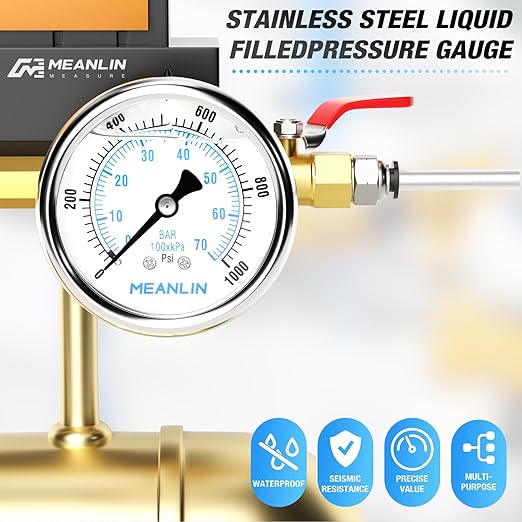 MEANLIN MEASURE 0~1000Psi Liquid Filled Pressure Gauge Stainless Steel with 316 Stainless Steel Joint 1/4" NPT 2.5" FACE DIAL for WOG Water Oil Air Center Back Mount