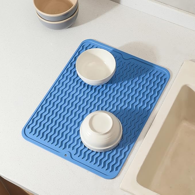 Silicone Dish Drying Mat for Multiple Usage,Easy clean,Eco-friendly,Heat-resistant Silicone Mat for Kitchen Counter or Sink,Refrigerator or drawer liner Lichen BlueL L 16 inches x 12 inches