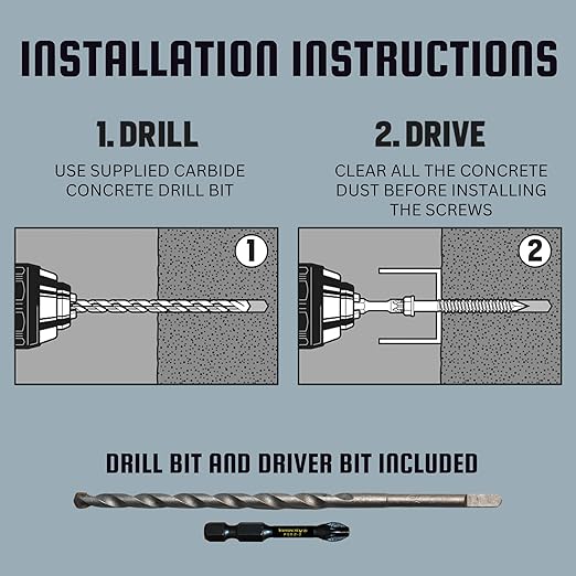 Velocity 2 1/4 Concrete Screws Set (Hex Head, 1/4") – Includes 12 High-Performance Masonry Screws PCS, Stick Tight Technology, 1 PSD ACR Drive Bit and 1 Carbide Concrete Drill Bit