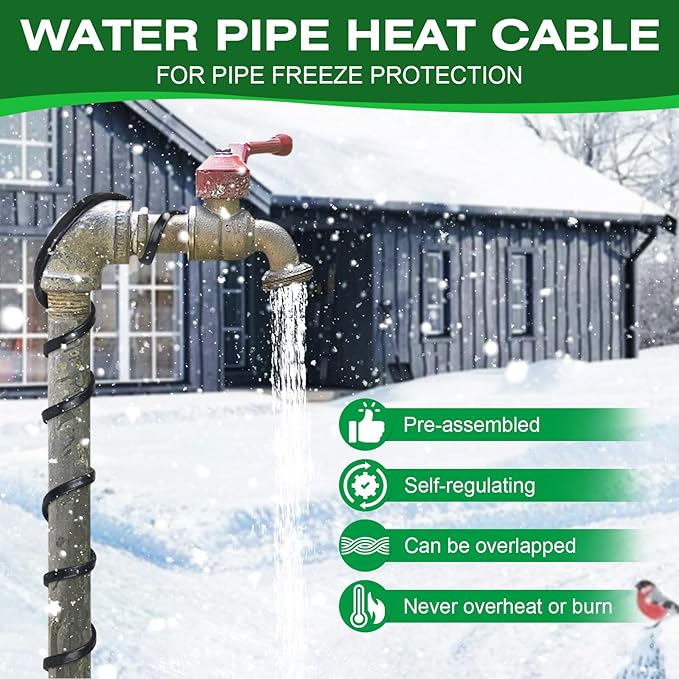 6FT Heat Tape for Water Pipes，-40°F Anti-Freeze De-Icing Heating Tape, Pipe Insulation Heating Cable for Insulation/Roof Snow Removal , Gutter Heating Cable, Heated Water Hose 120V 5W/f