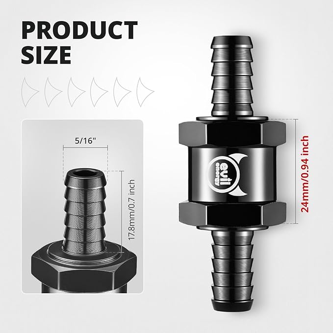 EVIL ENERGY 5/16'' (8mm) Check Valve, 3 Pcs Aluminum One Way Fuel Check Valve for Gasoline, Diesel & Coolant with Universal Hose Clamps, Black