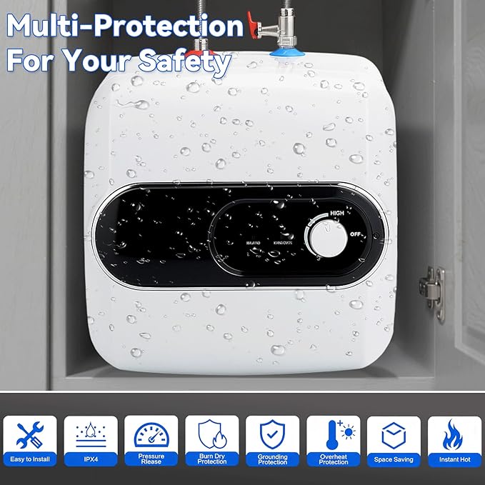 4 Gallon Mini Tank Water Heater, 110V-120V 1500W Electric Hot Water Tank with Safety Valve, 1/2" NPT, Compact Under Sink Water Heater for Bathroom, RV, Camper, Kitchen (White)