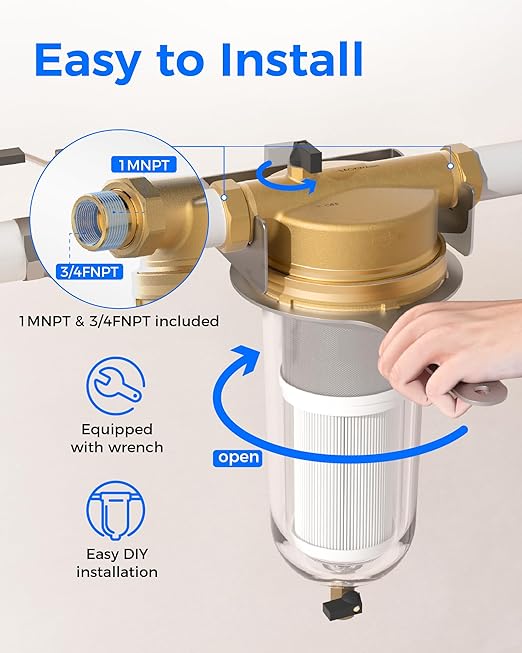 Waterdrop Mega Spin Down Sediment Filter, Reusable Whole House Water Filter System, 100+5 Micron Pleated PP Filter Sediment Water Filter with Bypass for City Water, 1" MNPT + 3/4" FNPT, BPA Free