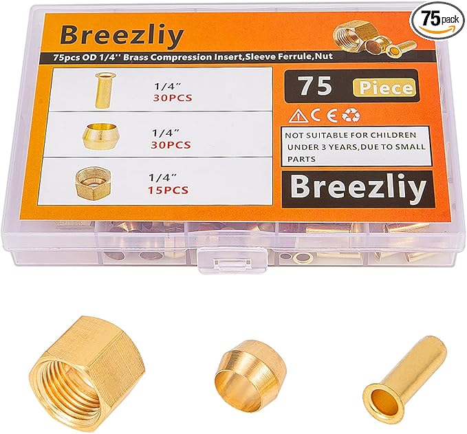 1/4 Inch OD Brass Compression Insert,Sleeve Ferrule,Nut 75PCS