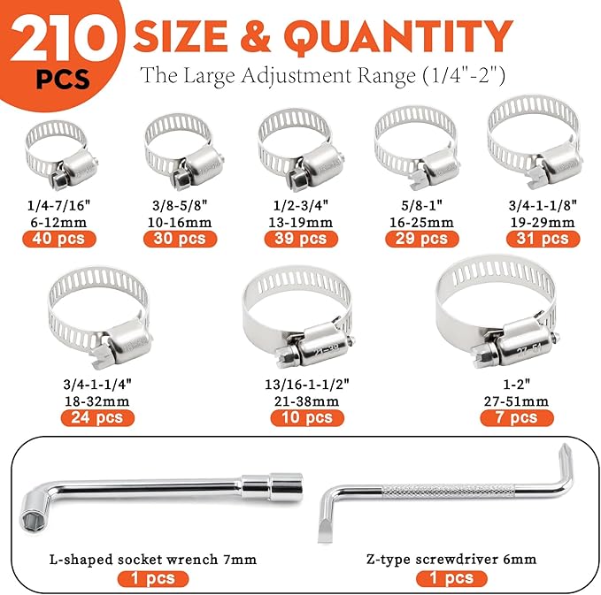 210-Piece 304 Stainless Steel Worm Gear Hose Clamps Assortment Kit,1/4-2 Inch(6-51mm) for Plumbing,Automotive,Fuel Line,Industrial,Tube,Applications