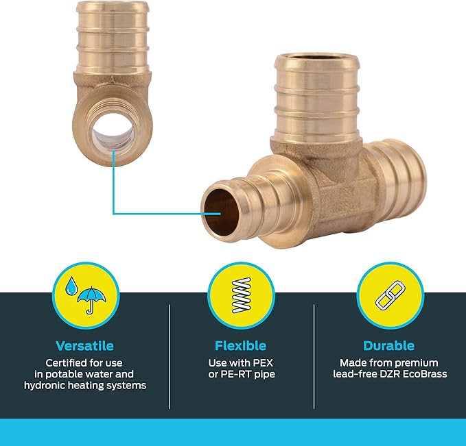 SharkBite 3/4 Inch x 1/2 Inch x 3/4 Inch Crimp Reducing Tee, Brass Plumbing Fitting, PEX Pipe, PE-RT, UC444LFA