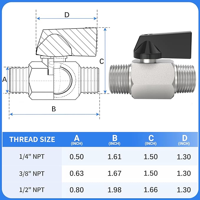ChillWaves Brass Mini Ball Valve, Shut Off Switch Ball Valve 1/2" NPT Male x 1/2" NPT Male Thread Pipe Fitting(2-PACK)