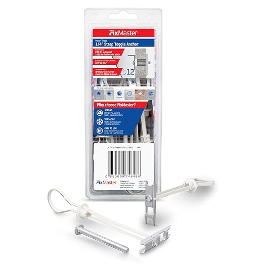 1/4" Heavy Duty Master Toggle-Bolt Strap Anchors (12 Pack) w/ 12 Steel Threaded Studs, 3/8" to 3-5/8" Grip Range, for 1/4"-20 Fastener Size - 240lb in 3/8-1/2" & 300lb in 5/8" Drywall Holding Strength