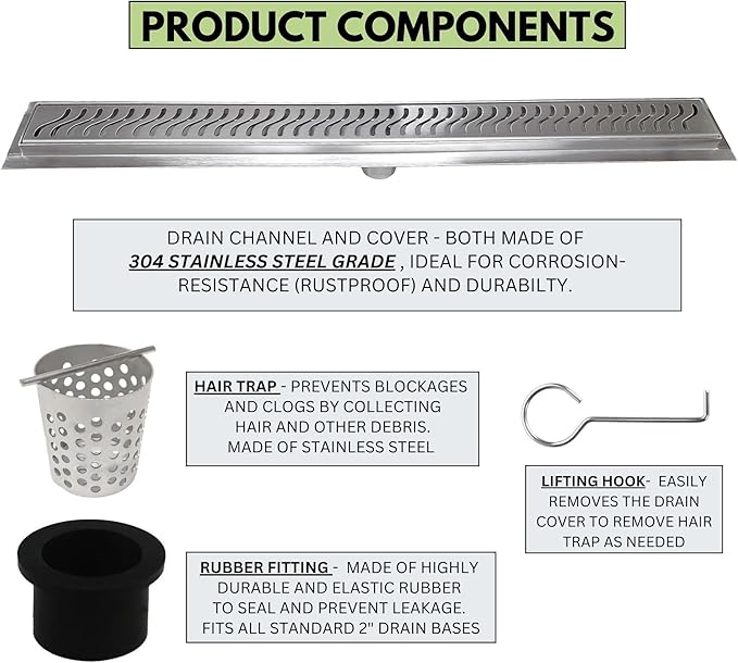 SereneDrains 304 Stainless Steel Brushed Nickel Linear Shower Drain Kit Ocean Wave Linear Shower Drains for Tile Floor Long Hair Catcher Strainer Grate Cover Bathroom (35 Inch)