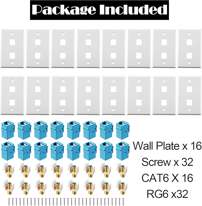 Weewooday 16 Pieces Cat 6 Ethernet Wall Plates, Cat 6 Coax Wall Plate with Ethernet Port and Gold-Plated TV Coax F-Type Port (Blue)